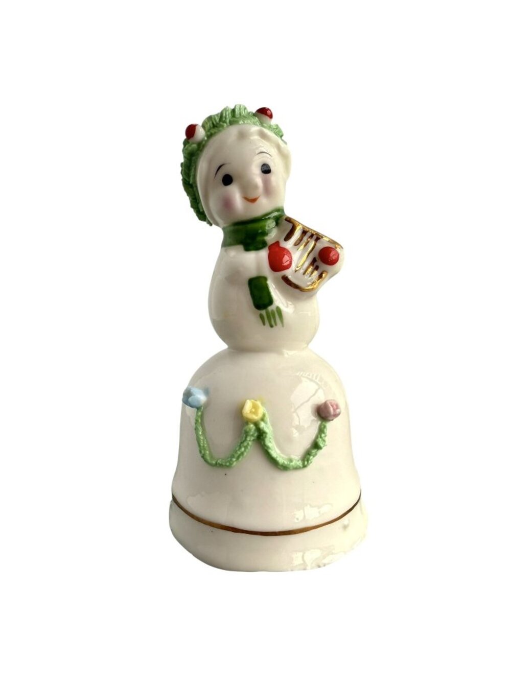 Vintage Napco Bone China Snowman Christmas Bell Playing Harp Spaghetti Trim 4”
